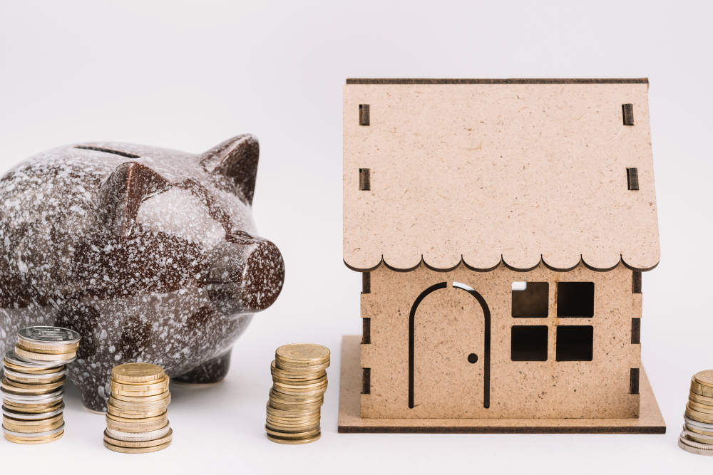 ceramic-piggybank-with-stack-coins-near-cardboard-house-white-background